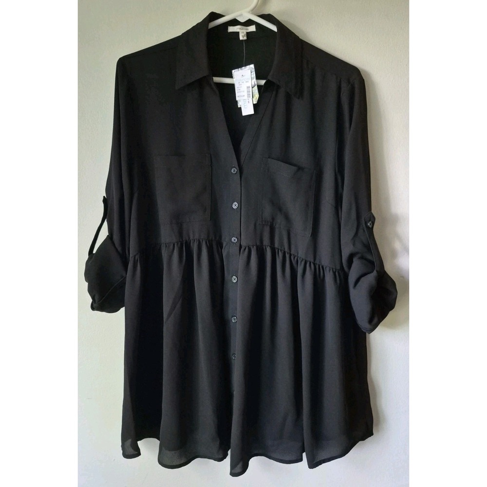 Maurices Maternity Black Button-Down Empire Waist Roll-Tab Sleeves Sheer Size M